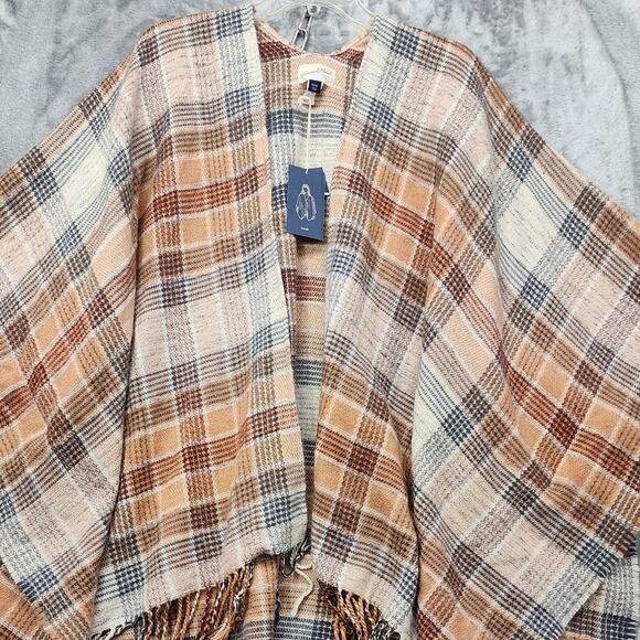NEW Universal‎ Thread Poncho Womens OSFM OS Tan Plaid Fringe Poncho Wrap Boho - Picture 2 of 10
